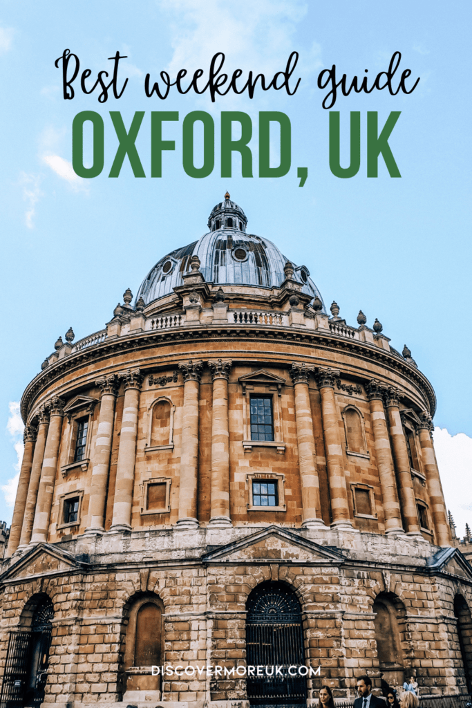 Pinnable image of the circular Radcliffe Camera library building in Oxford UK. Overlay text reads Weekend Guide: Oxford UK