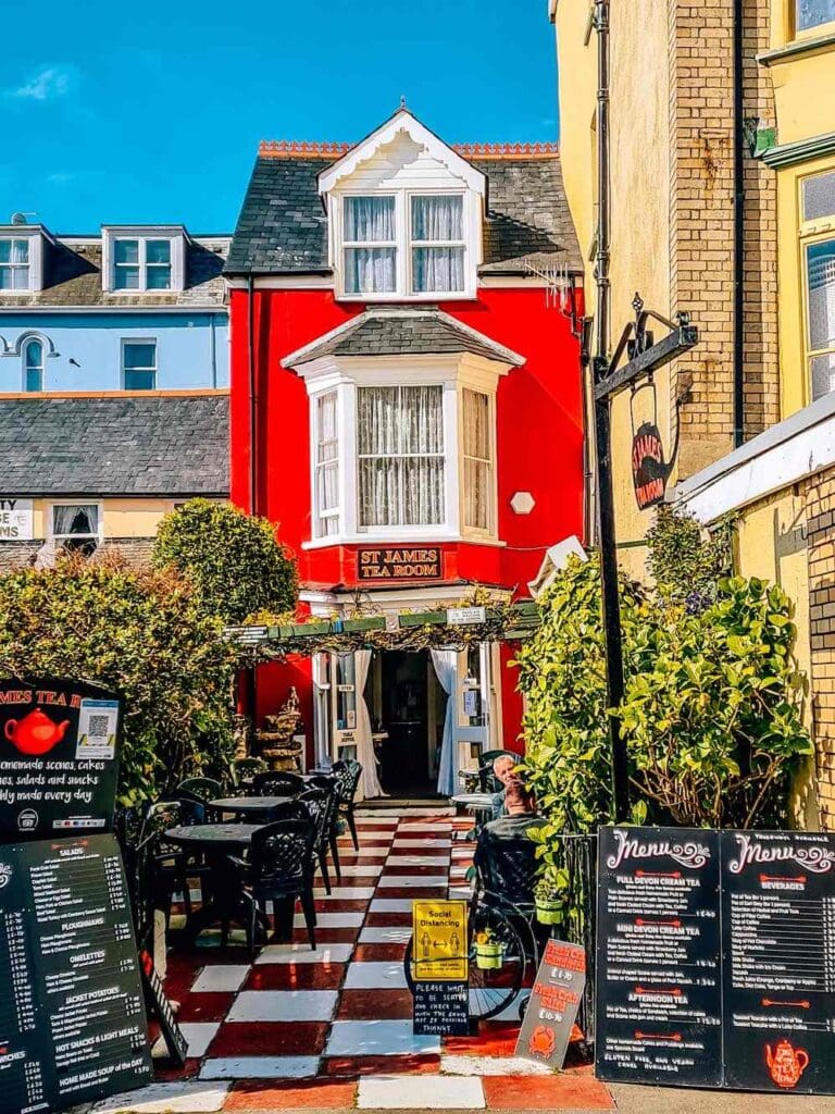 things to do in Ilfracombe include these tea rooms with a red facade