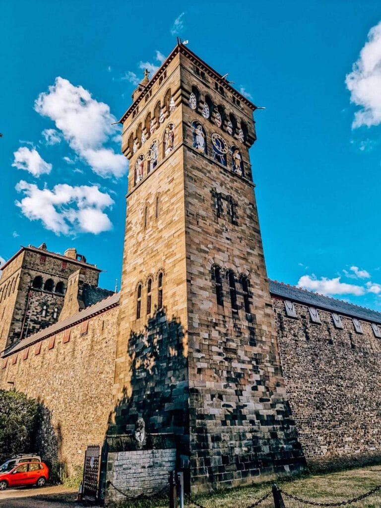 Exterior of Cardiff Castle, one of the corner towers of the castle wall