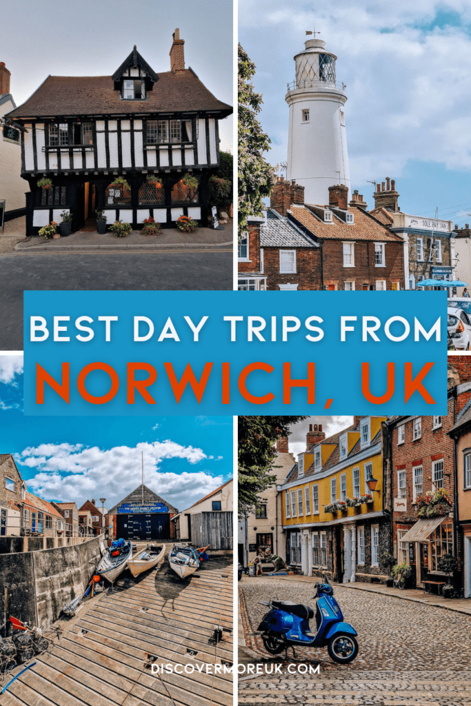Pinnable image with four images of Norfolk with text that says, "Best Day trips from Norwich, UK".