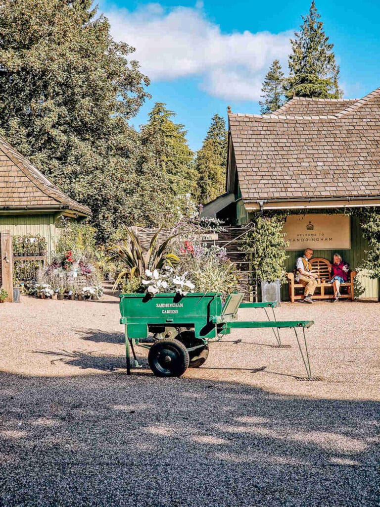 A small green trailer with plants growing out of the top. The trailer is in the centre of a gravel courtyard with two shops in the background